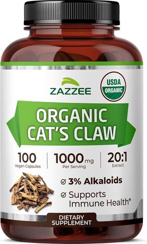Zazzee USDA Organic Cat's Claw 20:1 Extract، 1000 mg، موحد إلى 3٪ قلويدات، 100 كبسولة نباتية، قوة 20X، دعم الجهاز المناعي والمفاصل، غير معدل وراثيًا، طبيعي بالكامل، صنع في الولايات المتحدة الأمريكية in Kuwait