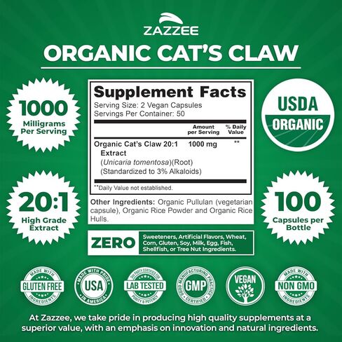 Zazzee USDA Organic Cat's Claw 20:1 Extract، 1000 mg، موحد إلى 3٪ قلويدات، 100 كبسولة نباتية، قوة 20X، دعم الجهاز المناعي والمفاصل، غير معدل وراثيًا، طبيعي بالكامل، صنع في الولايات المتحدة الأمريكية in Kuwait