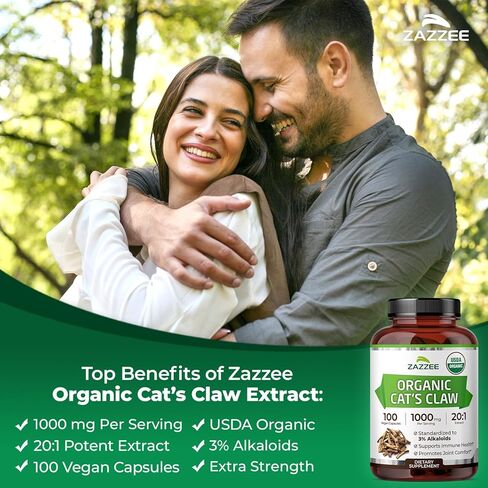 Zazzee USDA Organic Cat's Claw 20:1 Extract، 1000 mg، موحد إلى 3٪ قلويدات، 100 كبسولة نباتية، قوة 20X، دعم الجهاز المناعي والمفاصل، غير معدل وراثيًا، طبيعي بالكامل، صنع في الولايات المتحدة الأمريكية in Kuwait