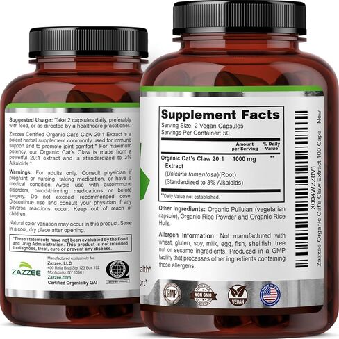 Zazzee USDA Organic Cat's Claw 20:1 Extract، 1000 mg، موحد إلى 3٪ قلويدات، 100 كبسولة نباتية، قوة 20X، دعم الجهاز المناعي والمفاصل، غير معدل وراثيًا، طبيعي بالكامل، صنع في الولايات المتحدة الأمريكية in Kuwait