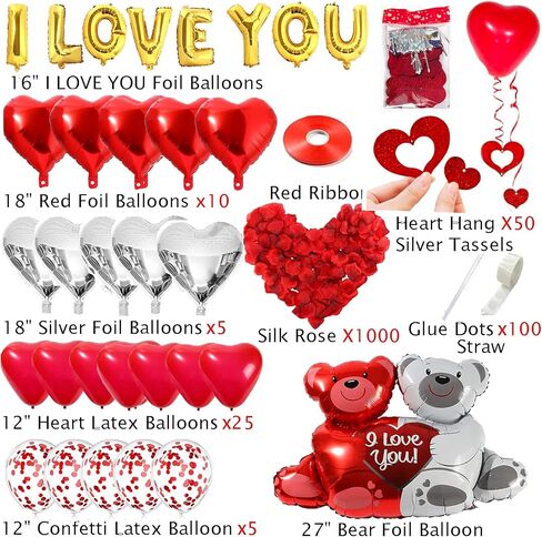 54pcs أنا أحبك القلب بالونات الديكور عيد الحب مع 50 معلقة 1000 الحرير روز البتلة الدب على شكل قلب بالونات حمراء فضية ليلة رومانسية الزفاف الذكرى ديكور عيد الحب الزينة in Kuwait