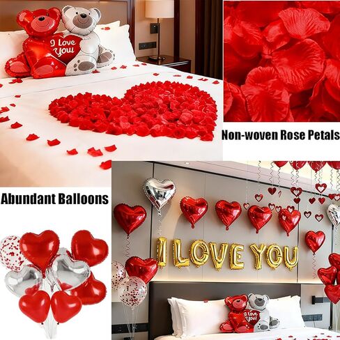 54pcs أنا أحبك القلب بالونات الديكور عيد الحب مع 50 معلقة 1000 الحرير روز البتلة الدب على شكل قلب بالونات حمراء فضية ليلة رومانسية الزفاف الذكرى ديكور عيد الحب الزينة in Kuwait