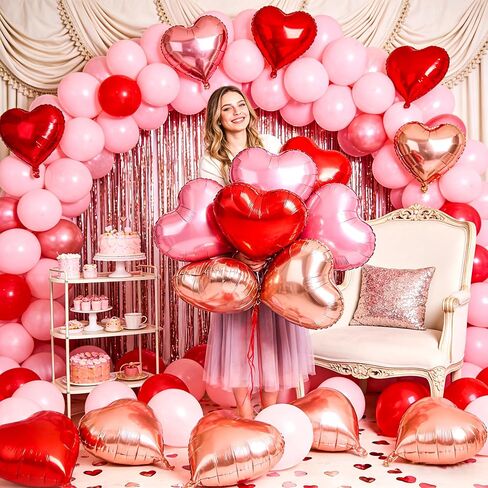 12 Pcs Rose Gold and Red Heart Foil Balloons for Valentines Day Decorations,18 Inch Romantic Love Valentine Heart Balloons for Valentines Day Wedding Marriage Birthday Bridal Shower Party Decorations in Saudi Arabia