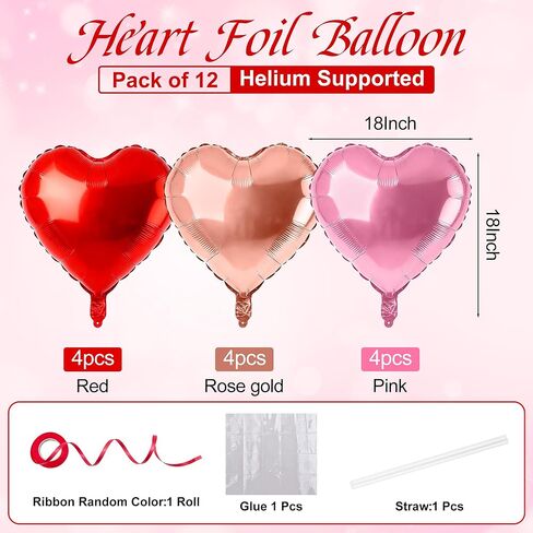 12 Pcs Rose Gold and Red Heart Foil Balloons for Valentines Day Decorations,18 Inch Romantic Love Valentine Heart Balloons for Valentines Day Wedding Marriage Birthday Bridal Shower Party Decorations in Saudi Arabia