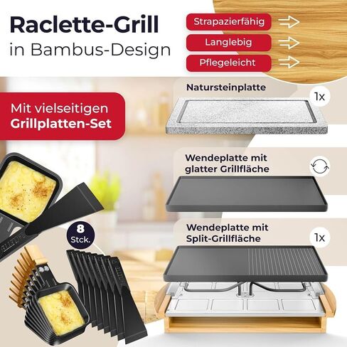 KESSER Raclette Grill with Natural Stone, Table Grill Plate for 8 People, Electric Raclette Grill with Non-Stick Plate, 8 Pots and Wooden Spatula 1200W in Saudi Arabia
