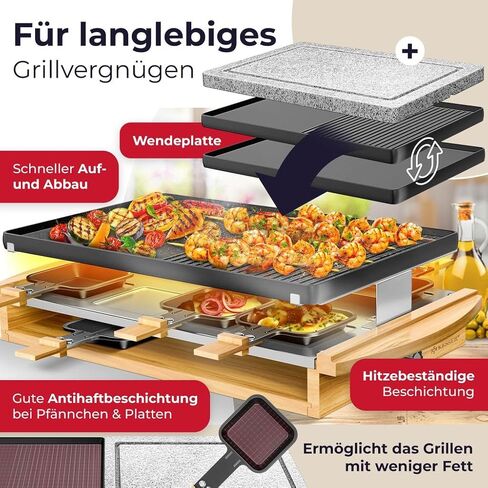 KESSER Raclette Grill with Natural Stone, Table Grill Plate for 8 People, Electric Raclette Grill with Non-Stick Plate, 8 Pots and Wooden Spatula 1200W in Saudi Arabia