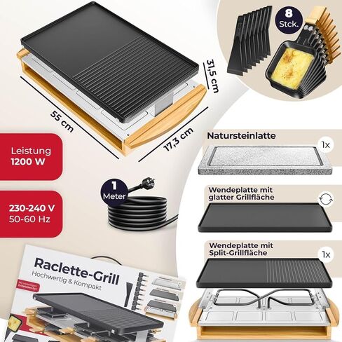 KESSER Raclette Grill with Natural Stone, Table Grill Plate for 8 People, Electric Raclette Grill with Non-Stick Plate, 8 Pots and Wooden Spatula 1200W in Saudi Arabia