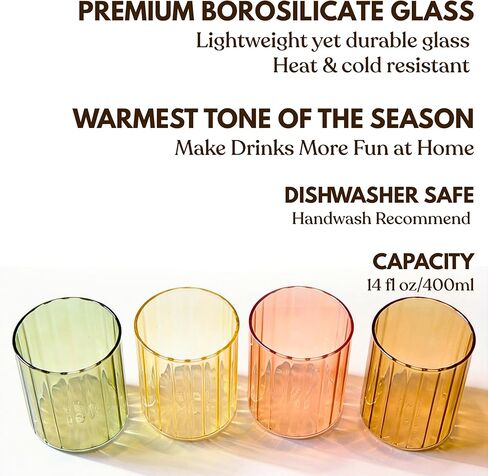 Aesthetic Drinking Glasses Set of 4-14oz Borosilicate Glass Cups for Iced Coffee, Iced Tea, Matcha Drinks, Cute Water Glasses Set for House Warming, Cafe Moments, Heat-resistant in Saudi Arabia