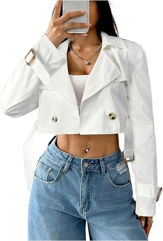 معطف الخندق المقطوع من Gorglitter Women Long Sleeve مزدوج الصدر ، سترة محصول من طية صدر السترة المسننة. in Saudi Arabia