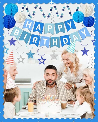 زينة عيد ميلاد سعيد زرقاء، لافتة عيد ميلاد سعيد مع كرات قرص العسل، نجوم معلقة، إكليل منقط، ديكورات الحفلات للرجال والأولاد والنساء والفتيات in Kuwait