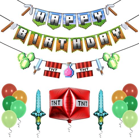 Pirese Pixel Birthday Decorations – Pixel Happy Birthday Banner with Balloons, Pre-Strung Retro Video Game Birthday Party Supplies Kit in Saudi Arabia