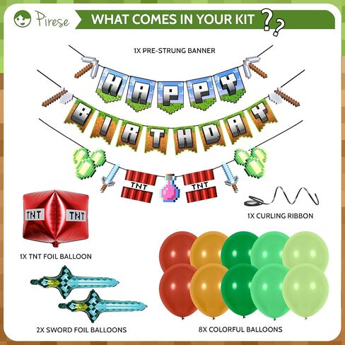 Pirese Pixel Birthday Decorations – Pixel Happy Birthday Banner with Balloons, Pre-Strung Retro Video Game Birthday Party Supplies Kit in Saudi Arabia