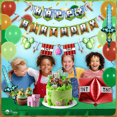 Pirese Pixel Birthday Decorations – Pixel Happy Birthday Banner with Balloons, Pre-Strung Retro Video Game Birthday Party Supplies Kit in Saudi Arabia