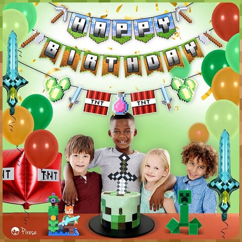 Pirese Pixel Birthday Decorations – Pixel Happy Birthday Banner with Balloons, Pre-Strung Retro Video Game Birthday Party Supplies Kit in Saudi Arabia
