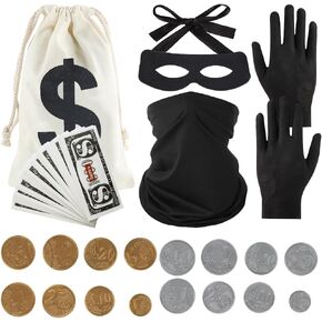 مجموعة أزياء السارق المكونة من 6 قطع من SHDIEHJFMLDH، تتضمن حقائب نقود من القماش بعلامة الدولار وقناع عين اللصوص وقبعة عملات ذهبية للحفلات التنكرية اللصوص in Kuwait