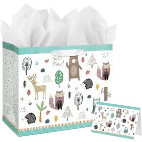 13" Large Baby Gift Bag with Card and Tissue Paper for Baby Shower,Kids Birthday (Woodland Animal)
