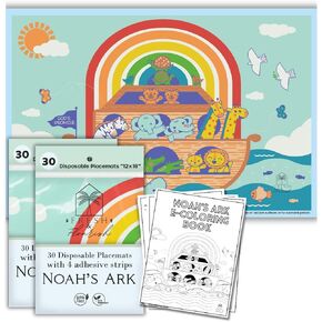 Kids Disposable Placemats for Baby | 60 Noah’s Ark Disposable Placemats for Toddlers w/Adhesives | Disposable Baby Placemats as Eating Essentials | Baby Disposable Placemats for Parents on The Go