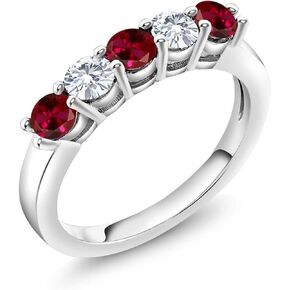 Gem Stone King 925 Sterling Silver Red Created Ruby and White Moissanite 5-Stone Wedding Anniversary Band Ring For Women (1.07 Cttw, Gemstone July Birthstone, Available In Size 5, 6, 7, 8, 9)