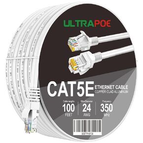 كابل إيثرنت خارجي UltraPoE Cat5e بطول 100 قدم، كابل شبكة Cat 5e، سلك كابل إيثرنت RJ45 cat5 أبيض، 350 ميجا هرتز / كابل شبكة جيجابت UTP LAN