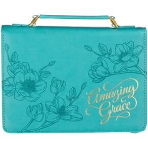 Christian Art Gifts Protective Teal Flower Faux Leather Bible Cover Carry Case with Handle for Women: Amazing Grace - Inspirational Song and Hymn Zippered with Pocket, Medium