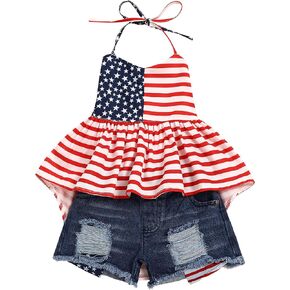 bilison 4th of July Toddler Girls Summer Outfits American Star Strap Backless Top Short Jeans Independent Day Outfit Set