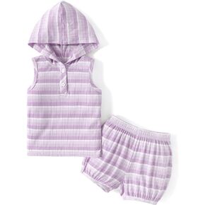 PATPAT Baby Girl's Clothes Summer Outfit Rib Sleeveless Tank Top Striped Hoodie Bubble Shorts Set 3-24M