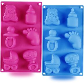 2 Pack Baby Shower Themed Silicone Soap Mold, 3D Baby Carriages Bottle Little Feet Bear fondant Mold Cake Decorating Tools for Chocolate, Soap, Sugar Craft, Candy, Cupcake Topper, Polymer Clay
