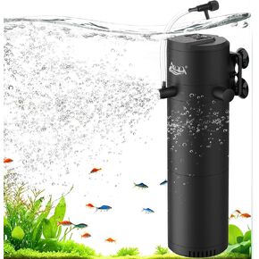 AQQA Aquarium Filter, 200GPH Submersible Fish Tank Filter with Dual Water Outlet & Aeration, Adjustable Air Flow Filter for 40-80 Gallon Tanks, Filtration Oxygenation Circulation Water Pumping (8W)