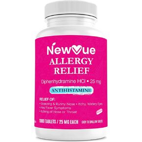 NewVue تخفيف كامل للحساسية، ديفينهيدرامين حمض الهيدروكلوريك 25 مجم، يخفف الأعراض، أقراص مضادة للهستامين، عدد 1000 in Kuwait
