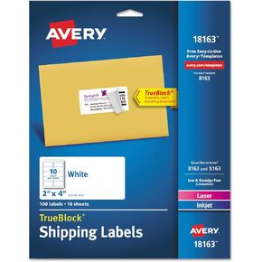 Avery 18163 Shipping Labels with TrueBlock Technology, Inkjet, 2 x 4, White, 100/Pack