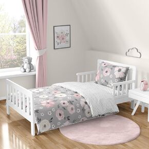 Sweet Jojo Designs Grey Watercolor Floral Girl Toddler Kid Childrens Comforter Bedding Set - 5 pieces Comforter, Sham and Sheets - Blush Pink Gray and White Shabby Chic Rose Flower Polka Dot Farmhouse
