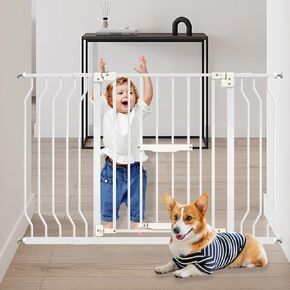 White Wood Baby Gate Extra Wide, 30" Tall Metal 29"-41" Auto Close Easy Walk Thru Dog Gate, Wood Baby Pet Gate for Stairs, Child Safety Gate for Kids, Easy Install, No Tools Required