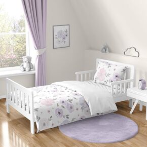 Sweet Jojo Designs Lavender Purple, Pink, Grey and White Shabby Chic Watercolor Floral Girl Toddler Kid Childrens Bedding Set - 5 Pieces Comforter, Sham and Sheets - Rose Flower Polka Dot