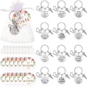 Yinkin 36 Pcs Nurse Appreciation Gift Set Includes 12 Nurse Keychains 12 Best Nurse Ever Cards and 12 Drawstring Bags Bulk, Nurse Christmas Gifts Nurse Week Day Gifts for Women