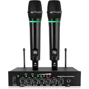 LiNKFOR UHF Handheld Rechargeable Microphone System, All Metal Dual Cordless MIC with Bluetooth, RCA Input/Output, 6.35mm Output for Karaoke Machine, Mixer, Sound Bar