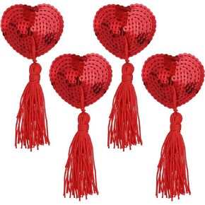 WLLHYF 2Pair Women Breast Pasties Silicone Nipple Stickers Cover Adhesive Heart-Shaped Breast Bra with Sequins Tassel Reusable Valentine's Day