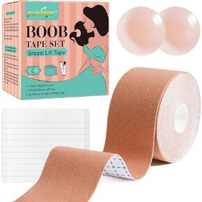 Boob Tape Kit, Breast Lift Tape, Waterproof & Breathable Breast Tape for Large Breasts Lift and Chest Support, with 2 Reusable Silicone Nipple Covers & 40 Pieces Clothing Tapes Beige