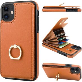 Folosu Compatible with iPhone 11 Case Wallet with Card Holder, 360°Rotation Finger Ring Holder Kickstand Protective RFID Blocking PU Leather Double Buttons Flip Shockproof Cover 6.1 Inch Black