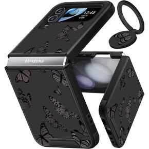 (2in1 for Samsung Galaxy Z Flip 4 Case Women Girls Cute Phone Cover Butterfly Pretty Aesthetic Girly Black Butterfly Design with Ring Stand Funda for Samsung Z Flip 4 Cases 6.7'' (2022)