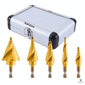 KAGGNA Step Drill Bit Set for Steel, Metal, Iron, Aluminum and Wood, 5 Piece SAE, Spiral Grooved for Faster Drilling, Step Bits with 50 Total Step Sizes, Titanium Coated Unibits