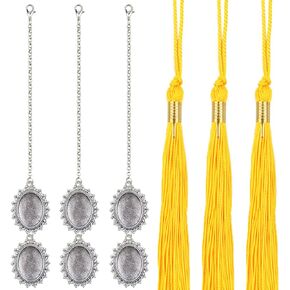 3pcs Antique Silver Graduation Cap Photo Charms Double Oval Photo Frame with Chain Pendants and 3pcs Yellow Tassels Clear Glass Covers for Ceremony Grad Cap Decoration Tassel Gifts