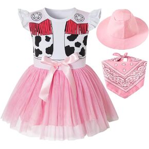 LENSOUS Baby Toddler Cowgirl Costume Dress Up Cosplay Tulle Dresses with Bandana Cowboy Hat