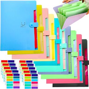 xlehoel 10 PCS Expanding File Folders,A4 Letter Size Accordion Organizer Folder,Expandable File Folder Organizer with 5 Pockets,Plastic Document Organizer with 120 Labels for School Office Supplies