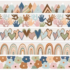 AnyDesign 60Pcs Back to School Bulletin Board Borders Boho Morandi Classroom Borders with 100Pcs Glue Points 5 Design Heart Rainbow Handprint Die-Cut Trim Borders for School Office Chalkboard Decor