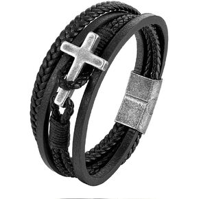 FYNSBLE Men Cross Leather Bracelet,4 Layer Black丨Brown Genuine Leather Bracelet 361L Stainless Steel Clasp Cross Bracelet Multi-Layer Braided Men Bracelet Jewelry Gift for Men Father