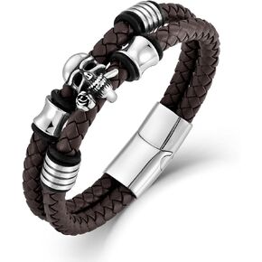 Veshon Mens Rose Skull Bracelet, Two Row Leather Braided Steel Skeleton Bracelet Wristband Bangle Gothic Punk Rock Jewelry for Men, 8.3 Inch