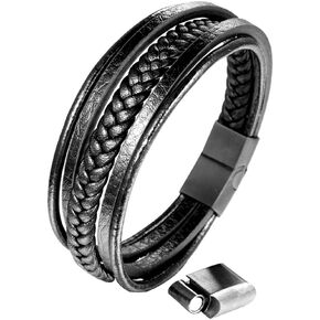 Genuine Leather Multi-Layer Woven Bracelet, Handmade for Men and Women,Layered Winding Bracelet, Stainless Steel extension Buckle, Holiday Gift