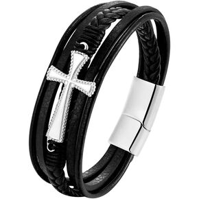 Cross Leather Bracelet for Men,5 Layer Genuine Leather Bracelet 361L Stainless Steel Clasp Cross Bracelet Multi-Layer Braided Men Bracelet Jewelry Gift for Men Father