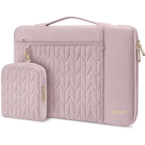 MOSISO 13-14 inch Laptop Sleeve Compatible with MacBook Air/Pro, 13-13.3 inch Notebook, Compatible with MacBook Pro 14, Petal Quilted Bag with Horizontal&Vertical Pockets&Small Case&Handle&Belt, Pink
