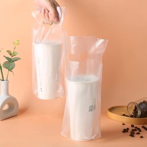 100PCS Clear Handle Drink Drinking Poly Plastic Packaging Bags,Drink Carrier, for Delivery Take Out Cup Holder Bar Restaurant Coffee Shop Supplies Cup Carriers (16x28cm)
